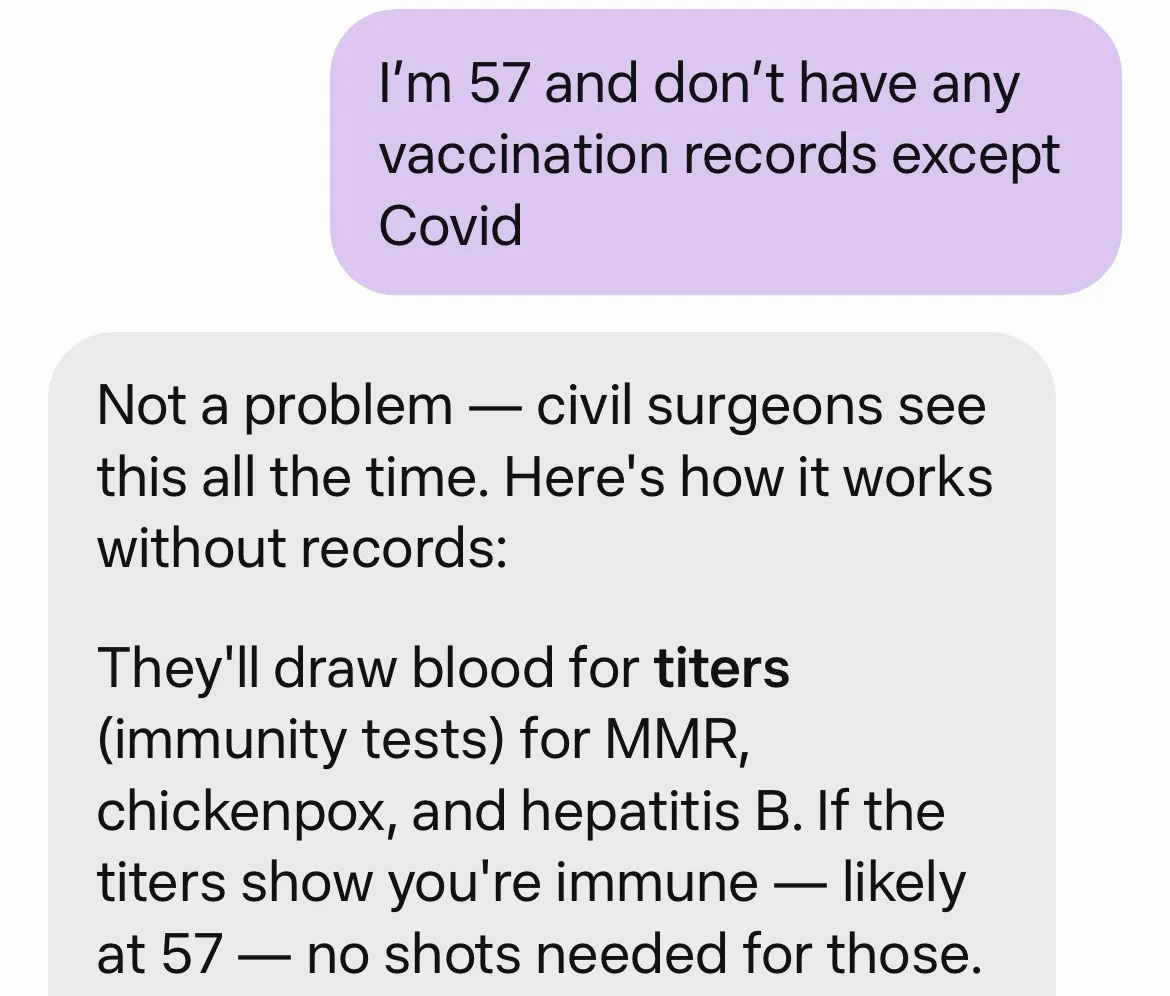 A second Muse screenshot. The patient says he is 57 and has no vaccination records except Covid. Muse replies that civil surgeons see this all the time and explains the blood tests that check his immunity.